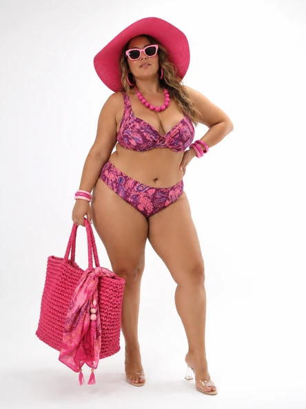 Büyük Beden Telli Büzgü Detaylı Desenli Balenli Ayarlanabilir Askılı Yüksek Bel Toparlayıcı  Kadın Bikini Takım ürün görseli 1