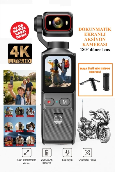 4K Aksiyon Kamera 180° Döner Lens | Gece Görüşü, Stabil Çekim, Vlog Kamera Dokunmatik LCD Ekranlı ürün görseli 1
