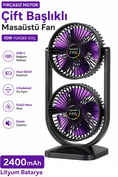 Çift Başlıklı Masaüstü Fan Brushless Motor 10W Güçlü Vantilatör Ayarlanabilir Başlık 2400 mAh Şarjlı ürün görseli 1