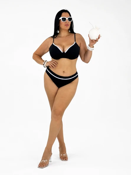 Büyük Beden Balenli Klasik Kesim Sabit Petli Toparlayıcı Yüksek Bel Kadın Bikini Takım ürün görseli 1