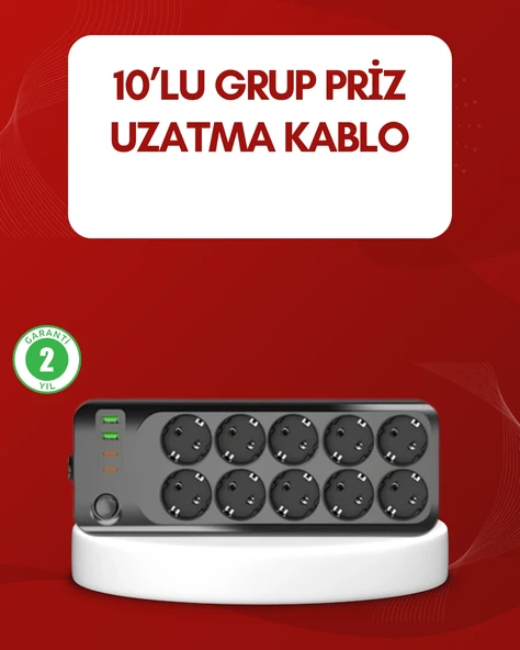 Usb Type-c Destekli 10’lu Grup Priz Termal Korumalı 2m Kablo 2500w ürün görseli 1