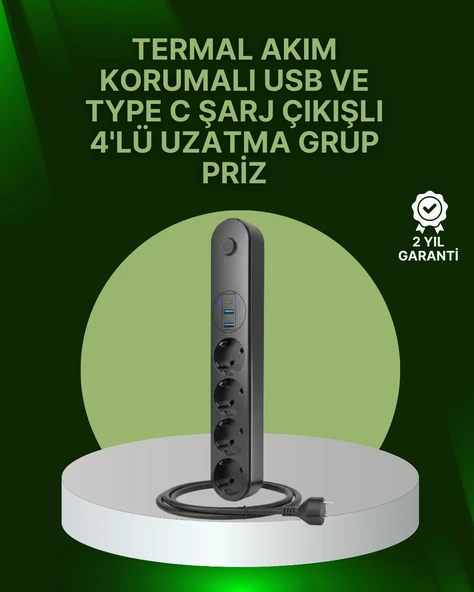 4 Priz 2 Usb 1 Type-c Akım Korumalı Çoklu Priz Led Anahtarlı ürün görseli 1
