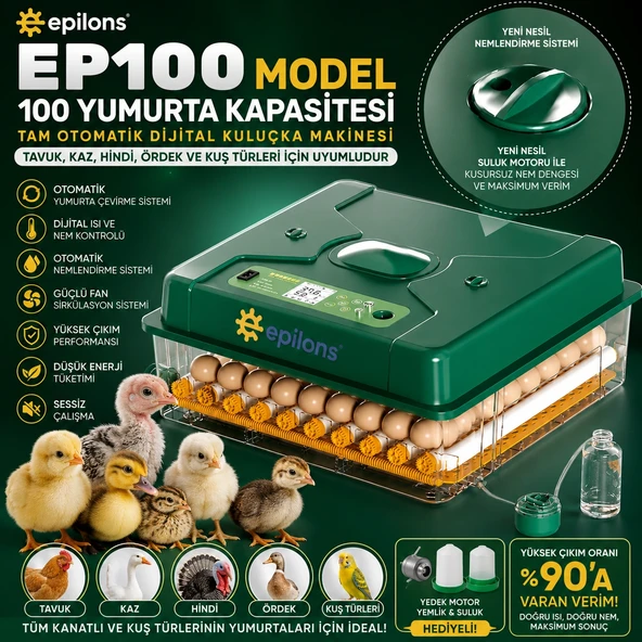 Ep100 Kuluçka Makinesi Yeni Nesil Suluk Üstten Havalandırma Sistemli Tavuk Kaz Hindi Ve Kuş Türleri İçin ürün görseli 1