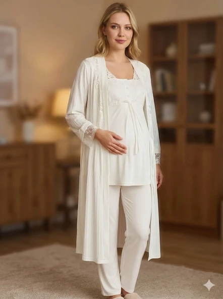 Bone 6205 Kadın 3'lü Jakarlı Sabahlıklı Lohusa Pijama Takımı ürün görseli 1
