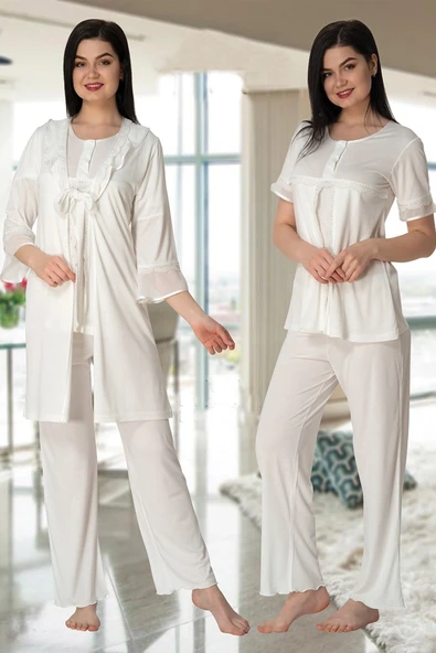 Effortt 4074 Kolları Volanlı Sabahlıklı Lohusa Pijama Takımı ürün görseli 1