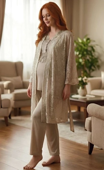 Bone 6201 Kadın Jakar Saten Sabahlıklı Lohusa Pijama Takımı ürün görseli 1