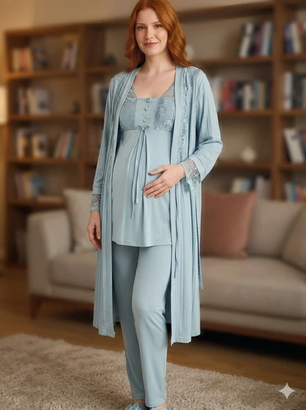 Bone 6205 Kadın 3'lü Jakarlı Sabahlıklı Lohusa Pijama Takımı ürün görseli 1