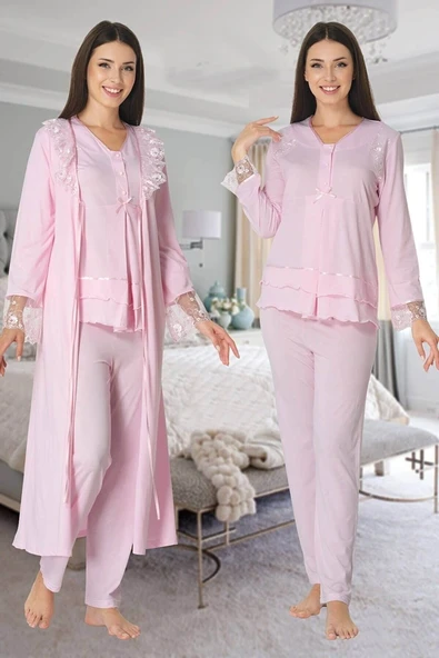 Effortt 2424 Uzun Dantel Sabahlıklı Lohusa Pijama ürün görseli 1