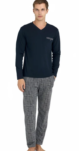 9214-kly v yaka pijama takımı ürün görseli 1