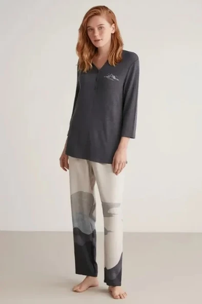 Nautıca W604 Kadın Patlı V Yaka Uzun Kollu Pijama Takımı ürün görseli 1