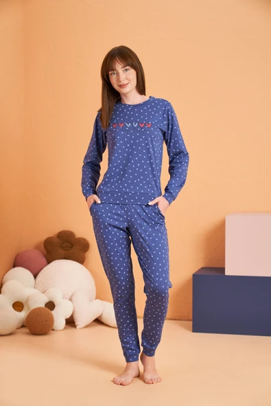PJS 28081 Kadın Uzun Kol Yuvarlak Yaka Kalpli Pijama Takım ürün görseli 1