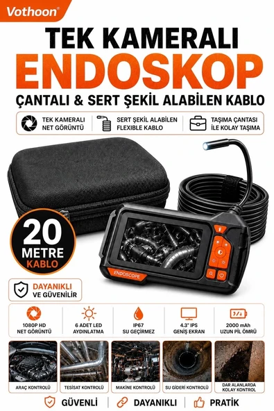 Ekranlı Tek Kameralı 20 Mt Sert Kablo Yılan Endoskop Kamera 8 Mm 4.3 Inc ürün görseli 1