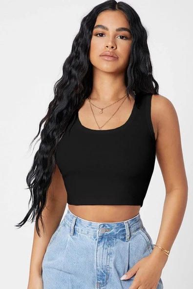 Kadın Siyah Kare Yaka Crop Top Bluz ürün görseli 1
