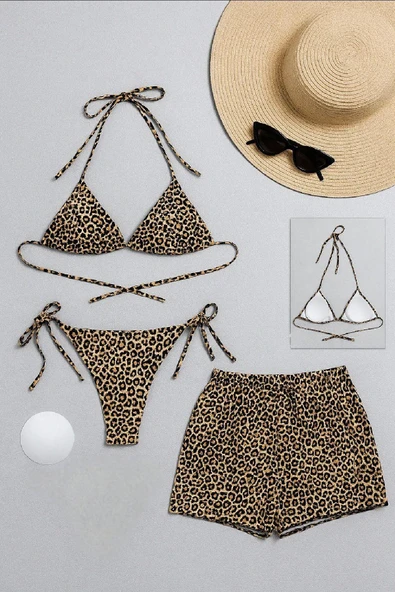 Kadın 3'lü Set Leopar Desenli Şortlu ve Yandan Bağlamalı Bikini Mayo Takımı ürün görseli 1