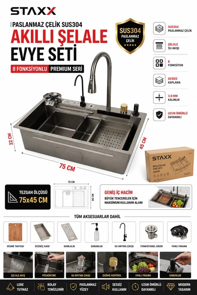 SUS304 Paslanmaz Çelik Akıllı Şelale Mutfak Evyesi 75x45 cm | 8 Fonksiyonlu Ankastre Evye Seti ürün görseli 1