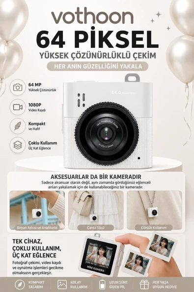 Mini Dijital Kamera 64mp 16x Digital Zoom Retro Vintage 1.4’’ekranlı Video Kamera Taşınabilir Tasarım Beyaz ürün görseli 1