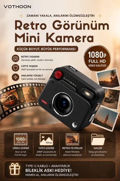 Nostaljik Tasarımı Retro Görünüm Kare Mini Foto Video Kamera 1080p Full Hd 32gb Kart Hediyeli ürün görseli 1