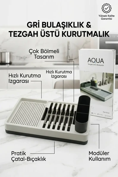 Drenajlı Gri Bulaşıklık Tezgah Üstü Tabak Bardak Kurutma Mutfak Düzenleyici ürün görseli 1