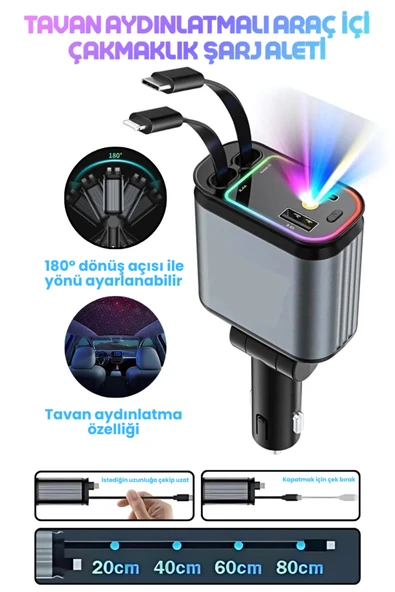 Led Işık Tavan Aydınlatmalı 66 Watt 4in1 Çift Kablolu Hızlı Şarj 3.4A Araç İçi Çakmaklık Şarj Aleti ürün görseli 1