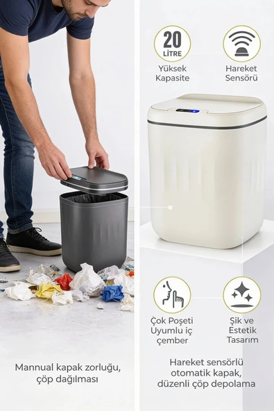 20 Litre Hareket Sensörlü Akıllı Çöp Kovası Beyaz - Resim 2
