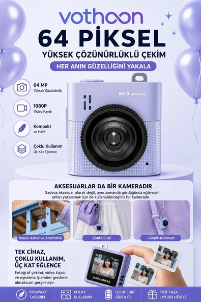 Mini Dijital Kamera 64mp 16x Digital Zoom Retro Vintage 1.4’’ekranlı Video Kamera Taşınabilir Tasarım Mavi ürün görseli 1