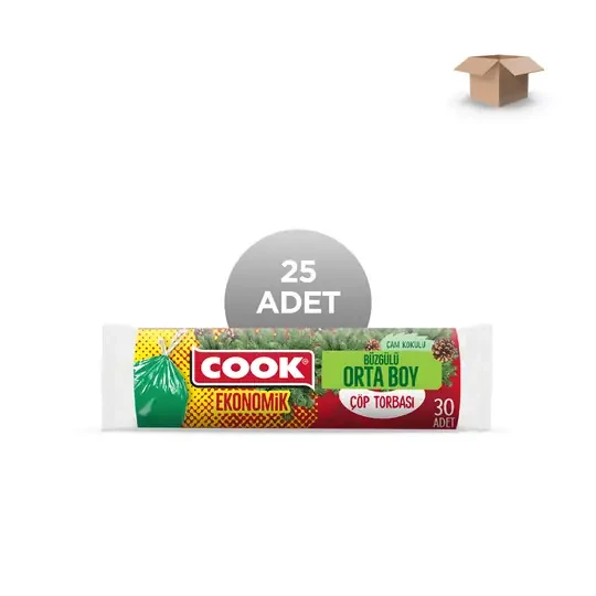 COOK Toptan Ekonomik Çam Kokulu Büzgülü Orta Boy Çöp Torbası 55x60 cm 30'lu - Koli İçi 25'li ürün görseli 1