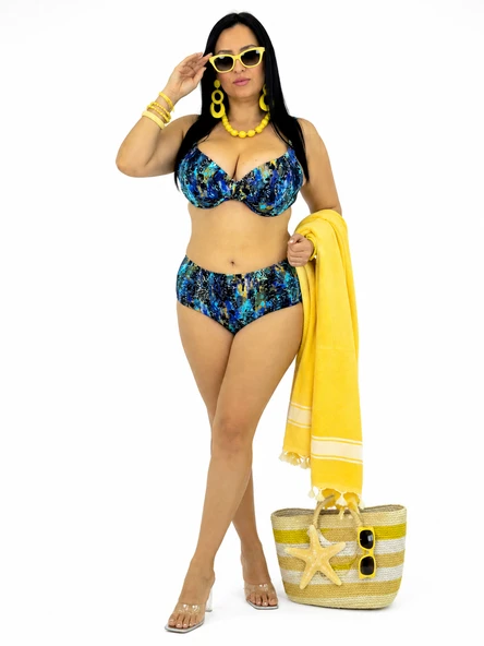 Büyük Beden Desenli Balenli Ayarlanabilir Askılı Toparlayıcı Yüksek Bel Kadın Bikini Takım ürün görseli 1