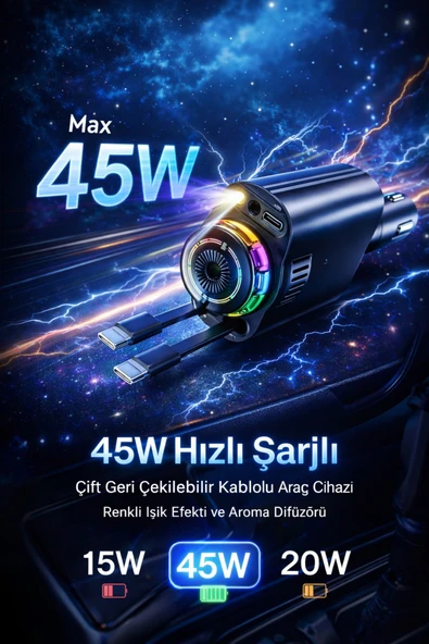 45W Işıklı ve Kokulu Araç Şarj Cihazı | Çift Çekilebilir Kablo | USB-C & iOS Uyumlu | Hızlı Şarj ürün görseli 1