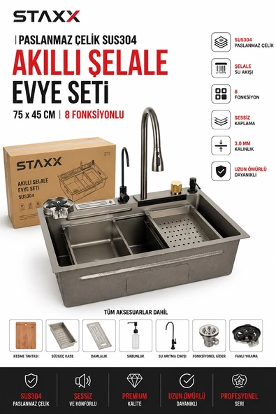 SUS304 Akıllı Şelale Evye İstasyonu 75x45 cm | 8 Fonksiyonlu Premium Ankastre Mutfak Evye Seti ürün görseli 1