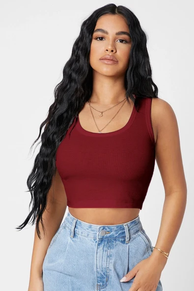 Kadın Bordo Kare Yaka Crop Top Bluz ürün görseli 1