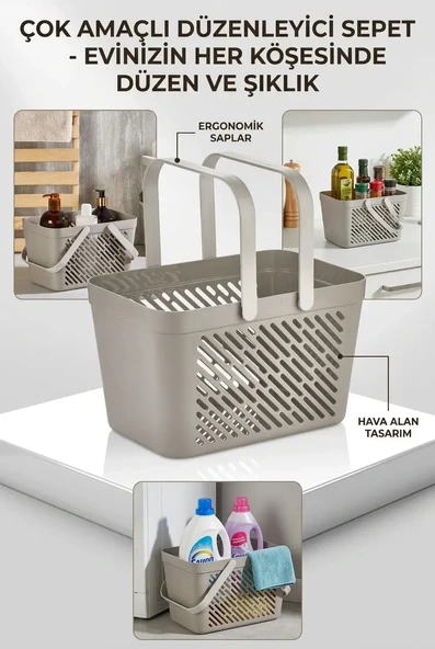 12'li Gri Çok Amaçlı Kulplu Sepet Mutfak Banyo Organizer Ekonomik Set ürün görseli 1
