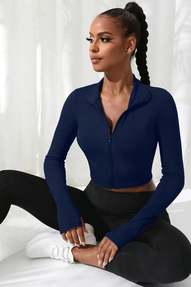 Kadın Lacivert Uzun Kol Fermuarlı Parmak Geçme Detaylı Dik Yaka Crop Top Bluz ürün görseli 1