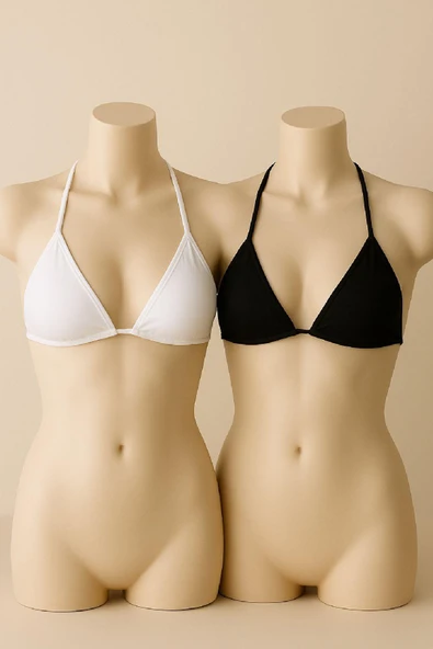 Kadın Siyah ve Beyaz Minimal Kesim Üçgen Bikini Üstü ürün görseli 1