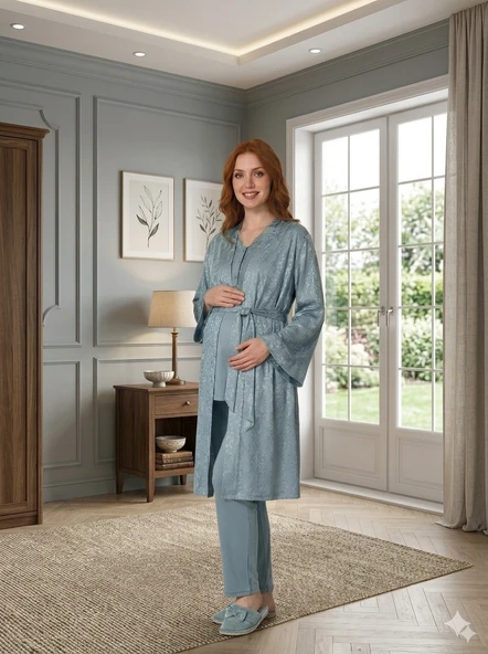 Bone 6201 Kadın Jakar Saten Sabahlıklı Lohusa Pijama Takımı ürün görseli 1