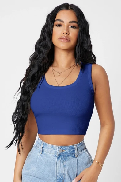 Kadın Lacivert Kare Yaka Crop Top Bluz ürün görseli 1