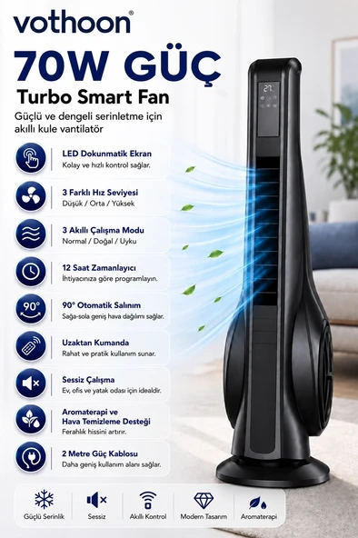 Turbo Smart Akıllı Fan Led Ekranlı Kumandalı 90° Hareketli Serinletici Soğutucu Kule Tipi Vantilatör ürün görseli 1