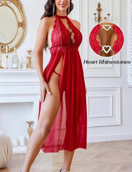 Closet Özel Tasarım Kırmızı Dantel İşlemeli Göğüs Detaylı Yırtmaçlı  Gecelik ürün görseli 1