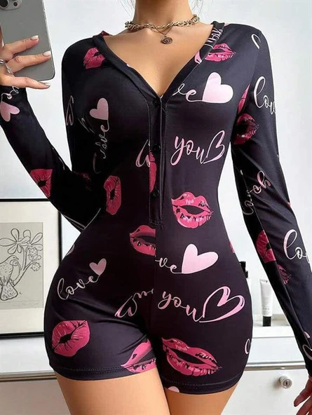 Pamuklu Kırmızı Öpücük ve Kalp Desenli Düğmeli Uzun Kol Tulum Pijama ürün görseli 1