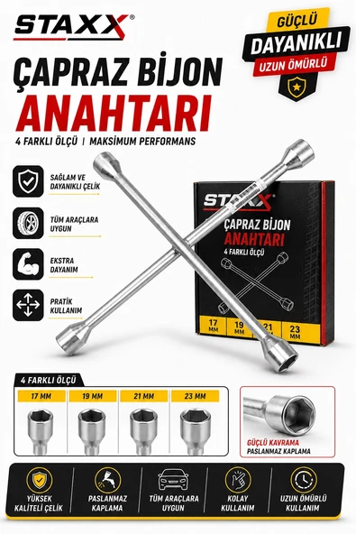Çapraz Bijon Anahtarı 17-19-21-23 mm – Ağır Hizmet Tipi Lastik Sökme Takma Anahtarı ürün görseli 1
