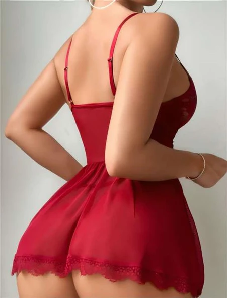 Closet Bordo Dantel İşlemeli Tül  Gecelik - Resim 2