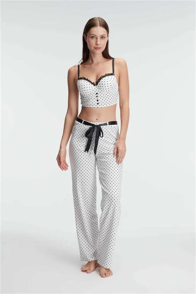 Bralet Sütyen Pamuklu Puantiye Desenli Desteksiz Dantel Detaylı Pijama Takımı ürün görseli 1