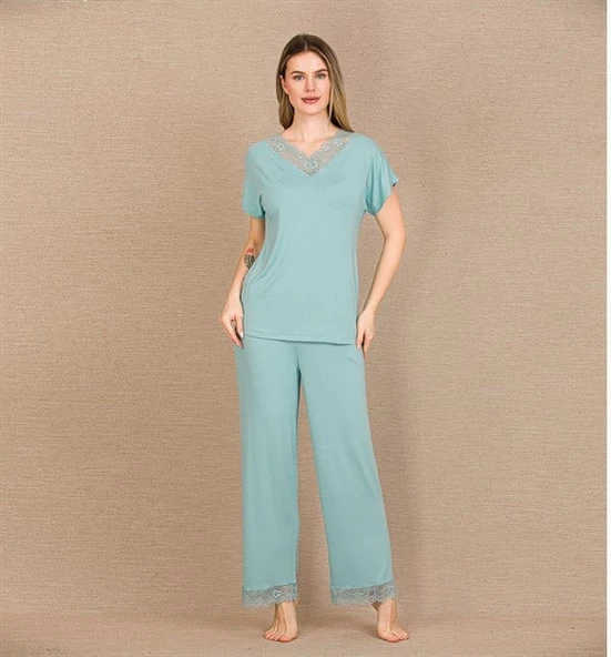 Closet Viskon Şık Tasarım Dantel İşlemeli Mint Yeşil Kısa Kol Pijama Takımı ürün görseli 1