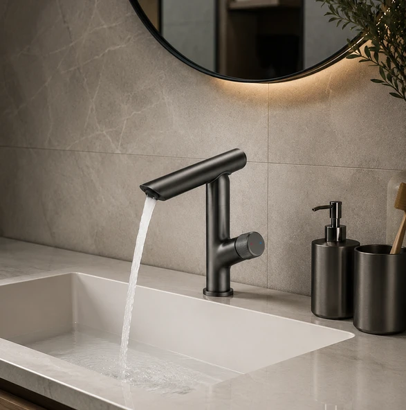 Antrasit Modern 360 Döner Banyo Lavabo Bataryası Gun Metal (Pirinç) ürün görseli 1