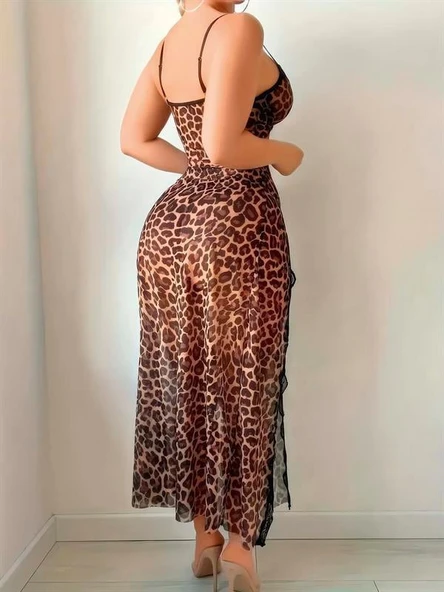 Leopar Desenli Yırtmaçlı Uzun Gecelik - Resim 2