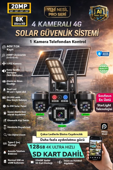 1 OTOMATİK 4 KAMERA 20MP 8K 4G SOLAR GÜNEŞ ENERJİLİ KAMERA - YÜKSEK IŞIKLI ÇAKAR LED SD KART DAHİL ürün görseli 1