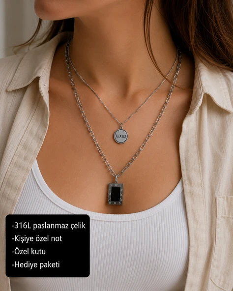 Lorentis Roma Rakamlı Çift Katmanlı 316L Paslanmaz Çelik Kadın Kolye Hediye ürün görseli 1