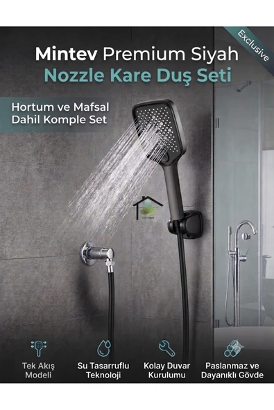 Noozle Siyah Lüks Duş Başlığı Siyah Hortum Ve Mafsal Komple Set ürün görseli 1