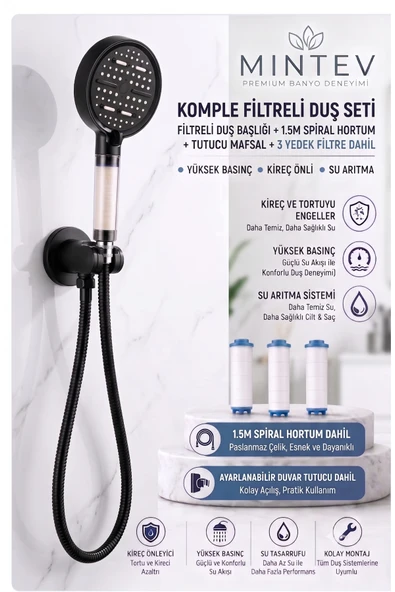PureFlow Komple Set 6 Fonksiyonlu Filtreli Duş Başlığı El Duşu | Siyah Duş Hortumu Ve Mafsal + 3 Adet Yedek Filtre Hediyeli ürün görseli 1