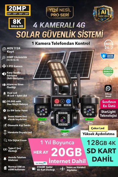 1 OTOMATİK 20MP 8K 4 KAMERA 4G SOLAR GÜNEŞ ENERJİLİ KAMERA 20GB İNTERNET VE 128GB SD KART DAHİL ürün görseli 1