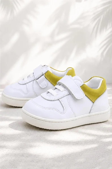 Rakerplus Bob Hakiki Deri Beyaz Nubuk Sarı Bebek Sneaker Ayakkabı ürün görseli 1